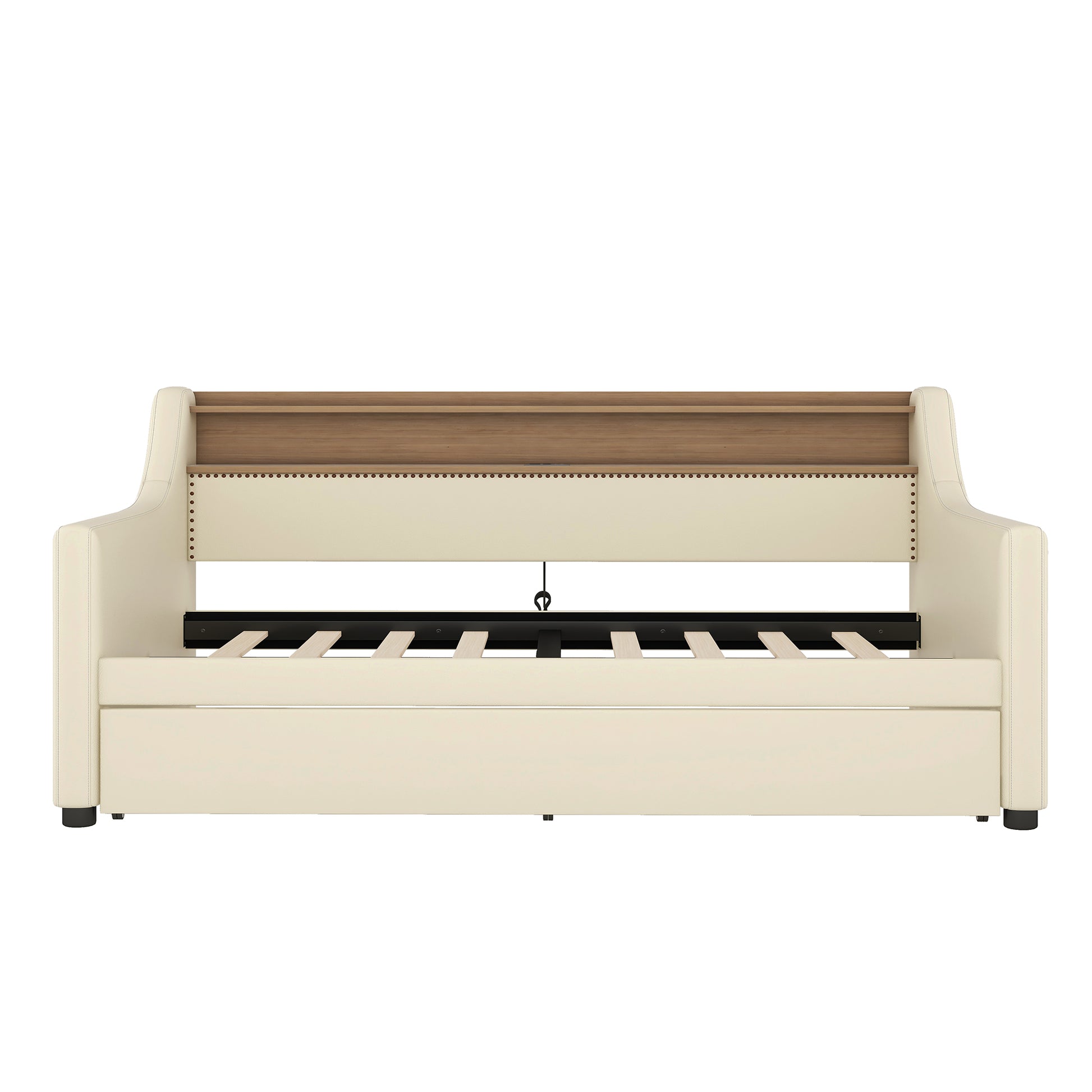 Cream upholstered daybed with wooden accents and visible slat system