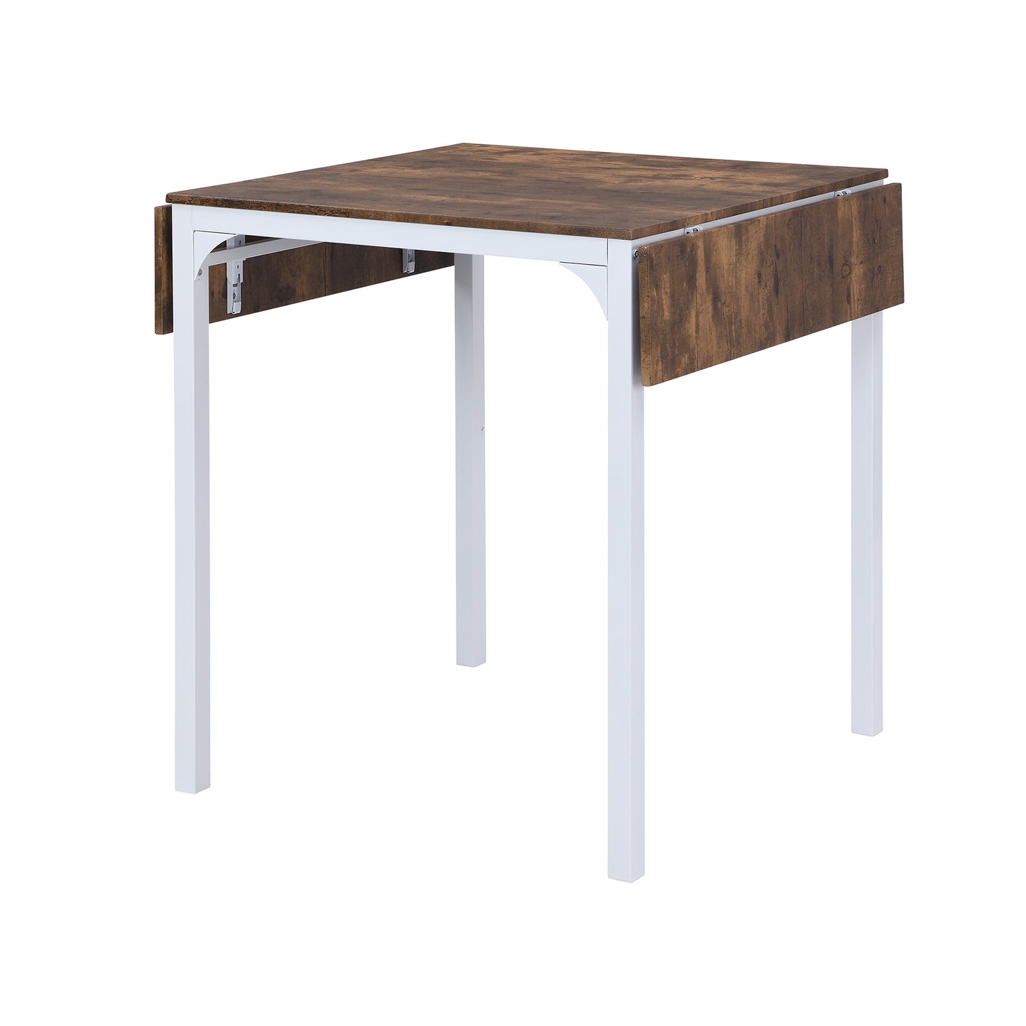 Drop leaf dining table with rustic wood top and white metal legs