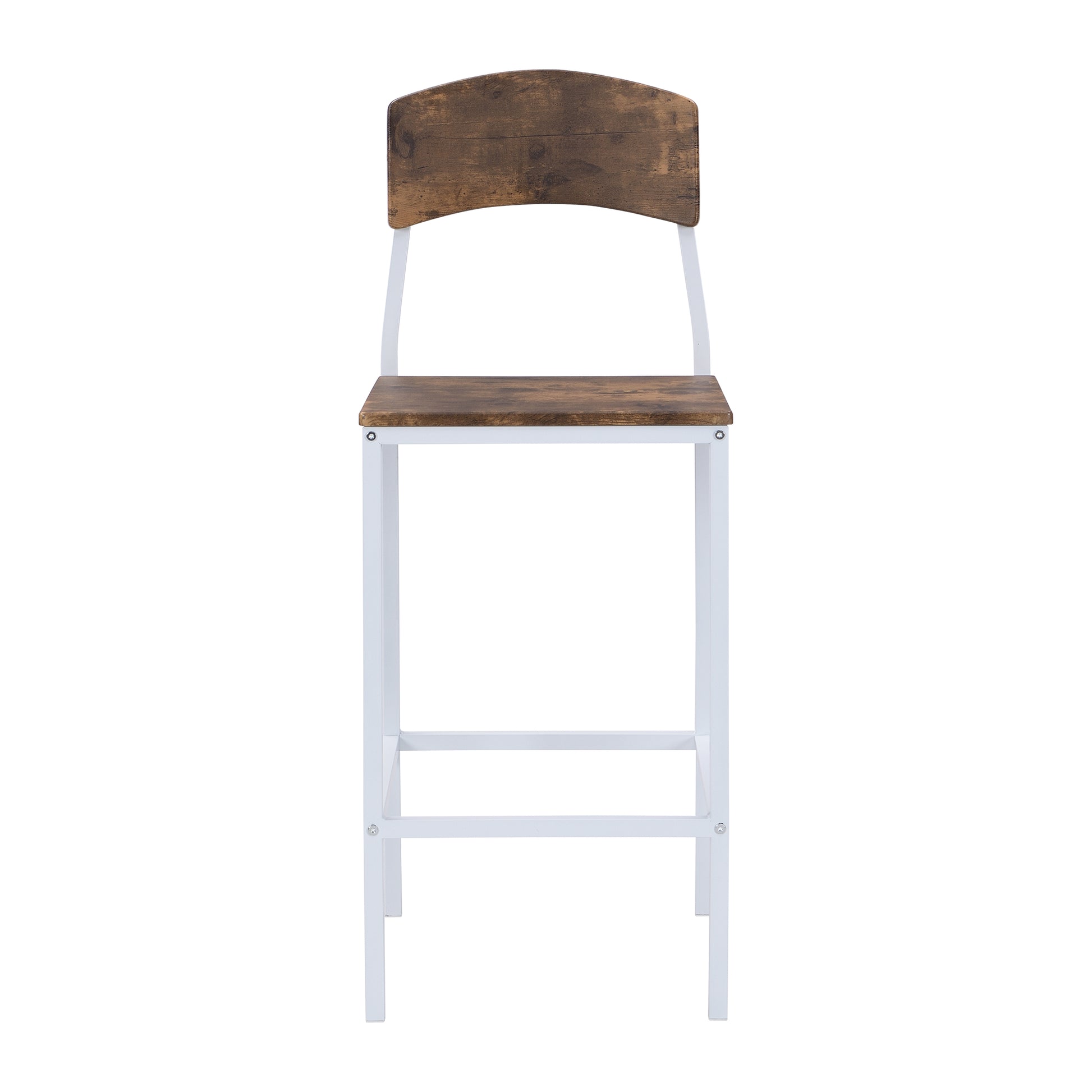 Rustic industrial bar stool with distressed wood seat and back on white metal frame
