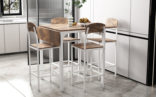 TREATLIFE HOME Farmhouse 5-Piece Counter Height Drop Leaf Dining Set for 4, Space-Saving Design, White Frame and Rustic Brown Tabletop