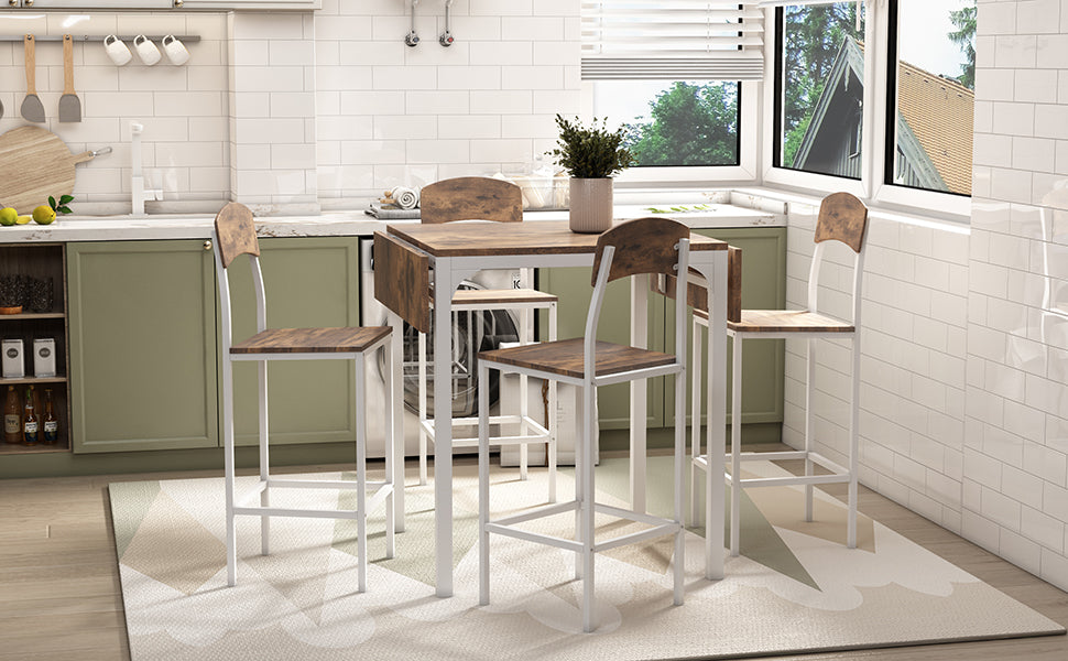Rustic brown wood and white metal counter height table with drop leaves