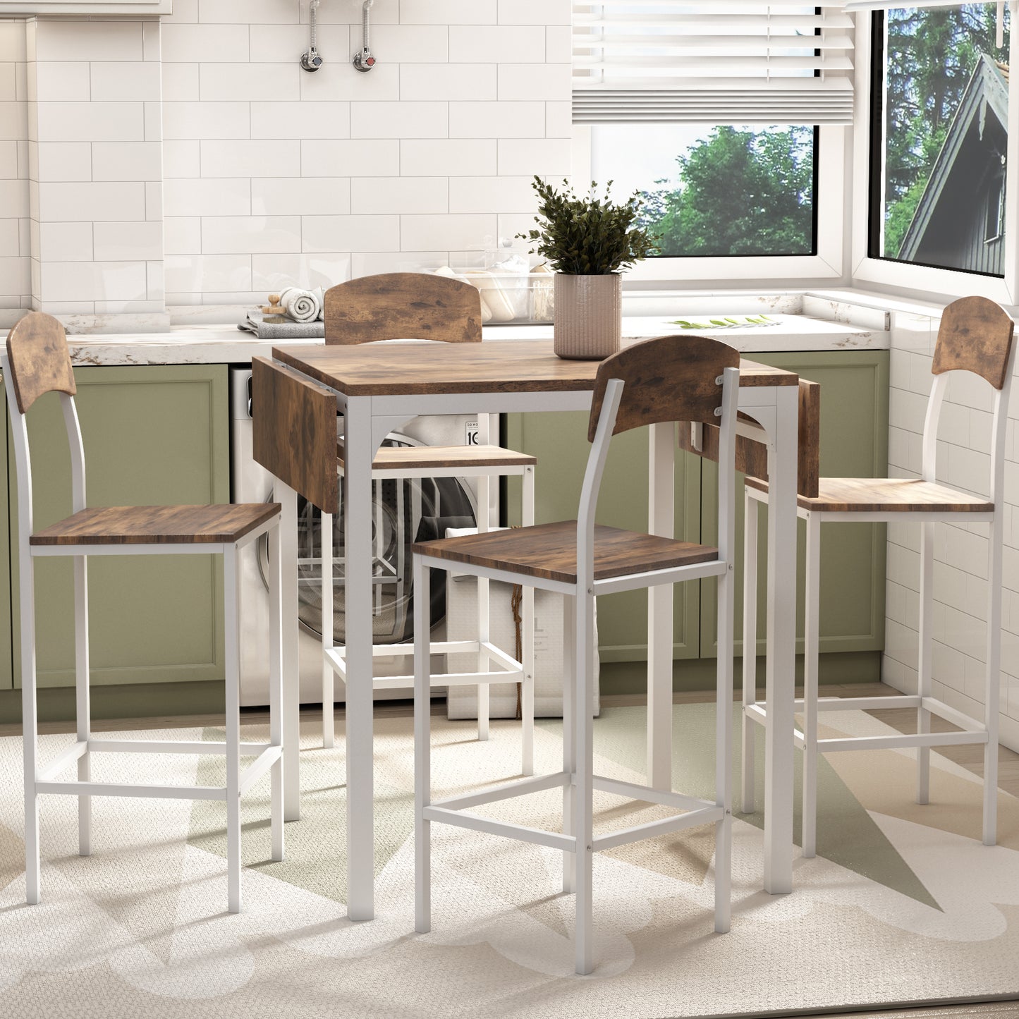 Brown wood and white metal bar stool set with dropleaf table