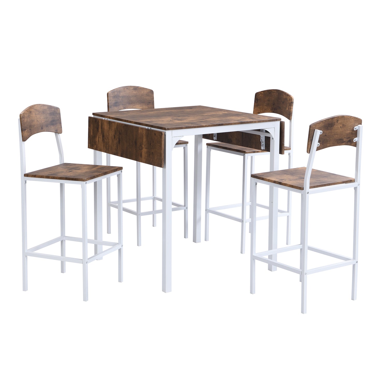 Rustic wood dropleaf counter height table with four white metal stools