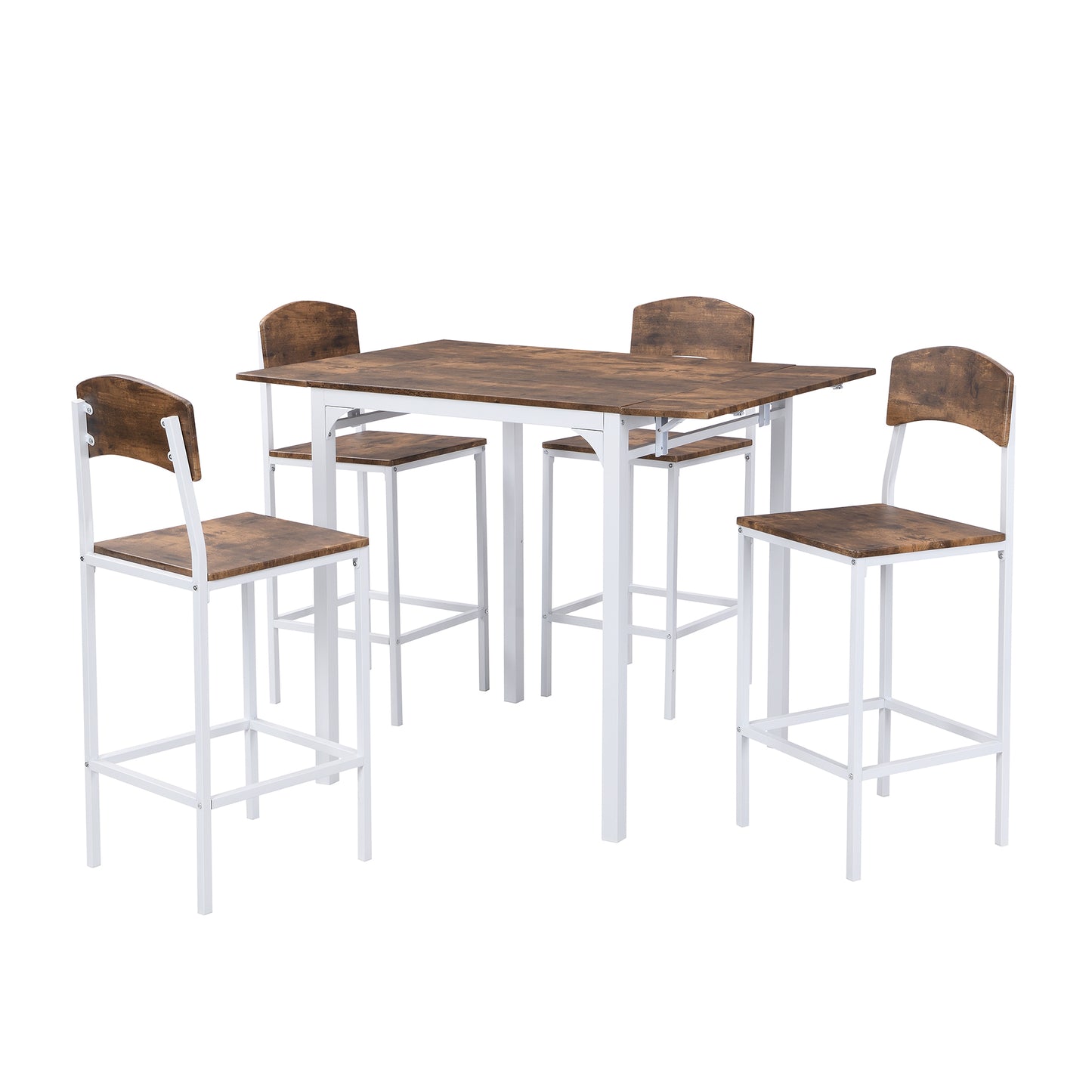 Rustic brown wood and white metal bar table set with four stools