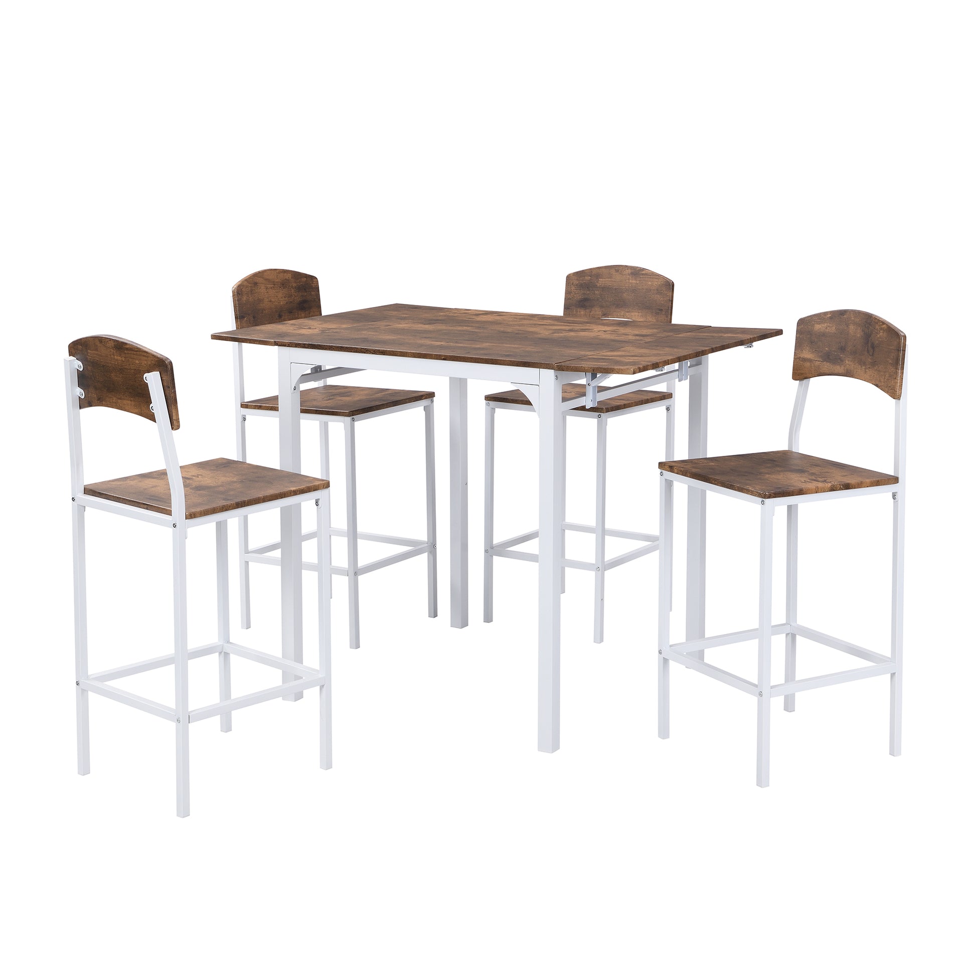 Rustic brown wood and white metal bar table set with four stools