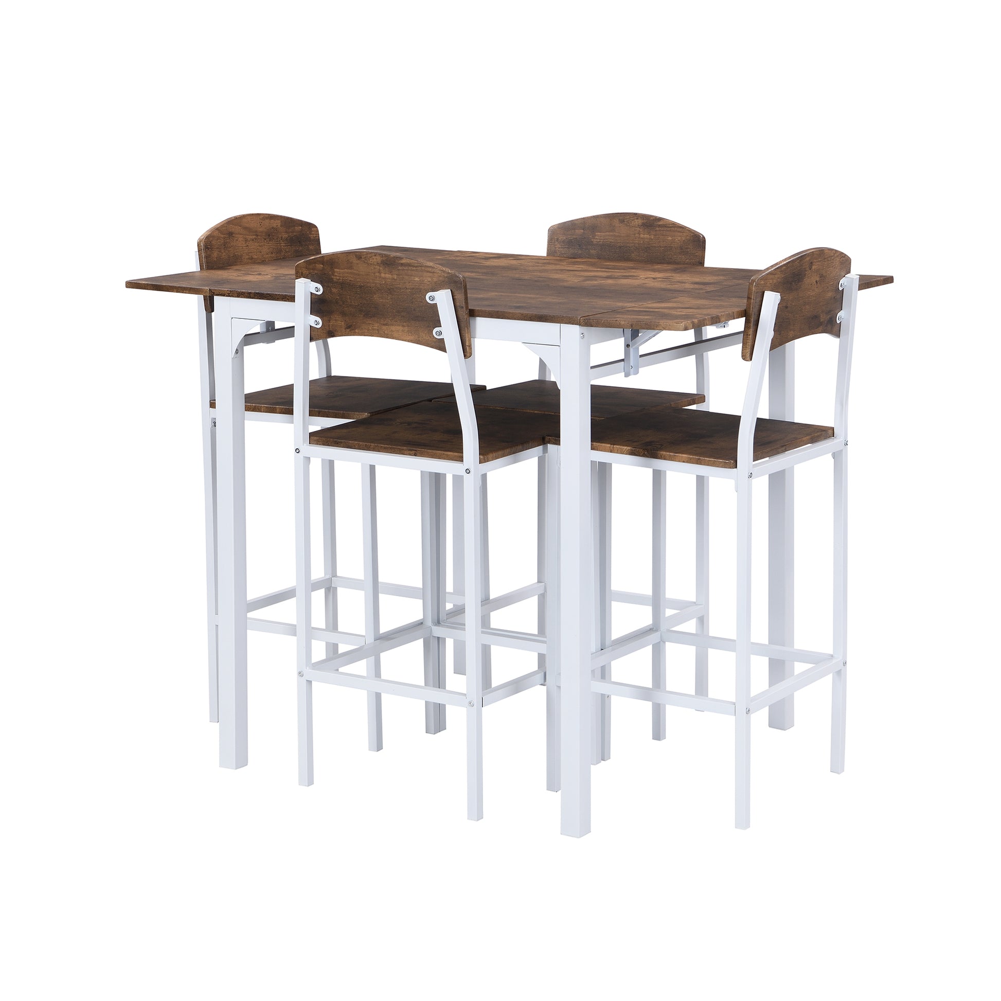 Rustic wood top counter height table with four white metal bar stools