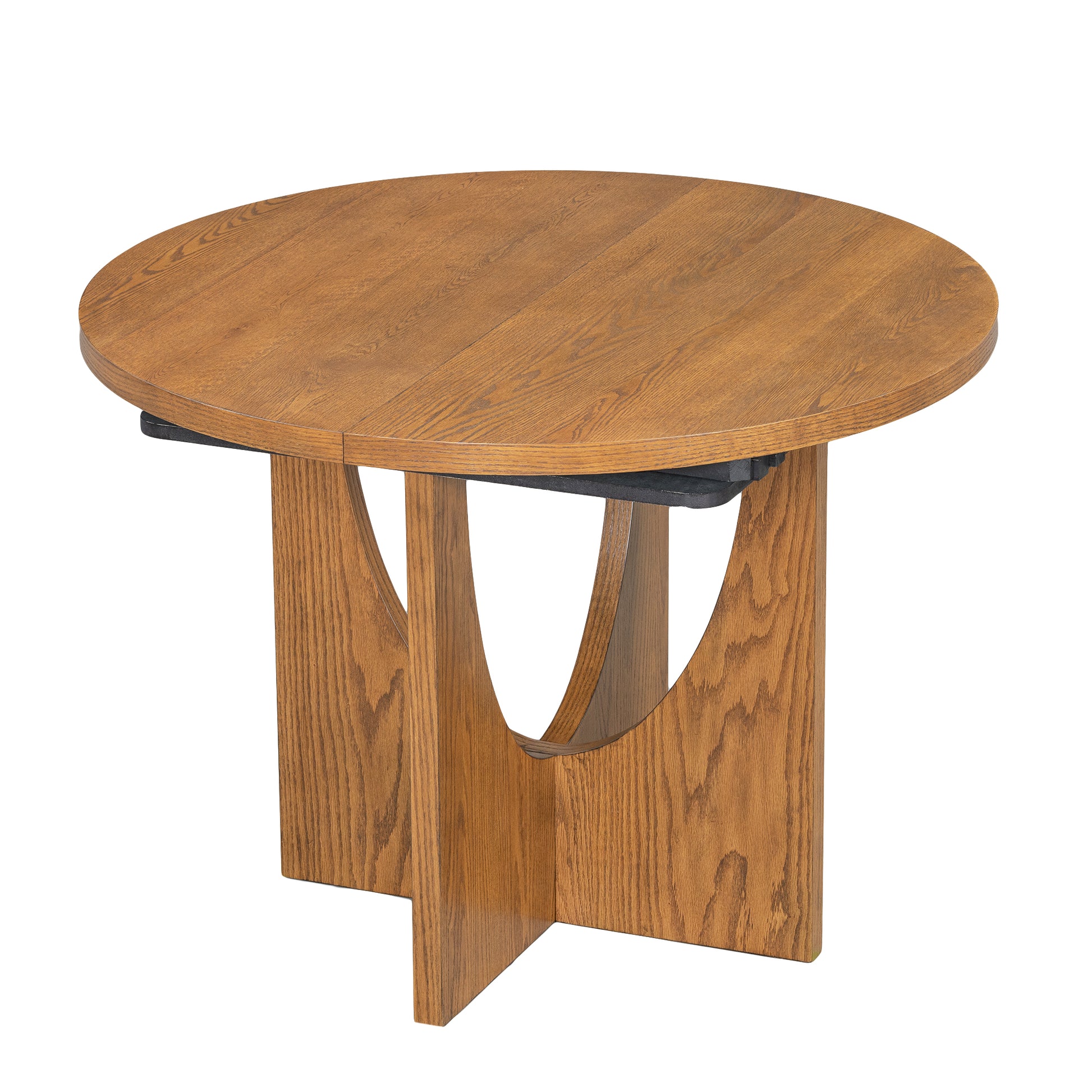 Round oak coffee table with modern abstract wood base