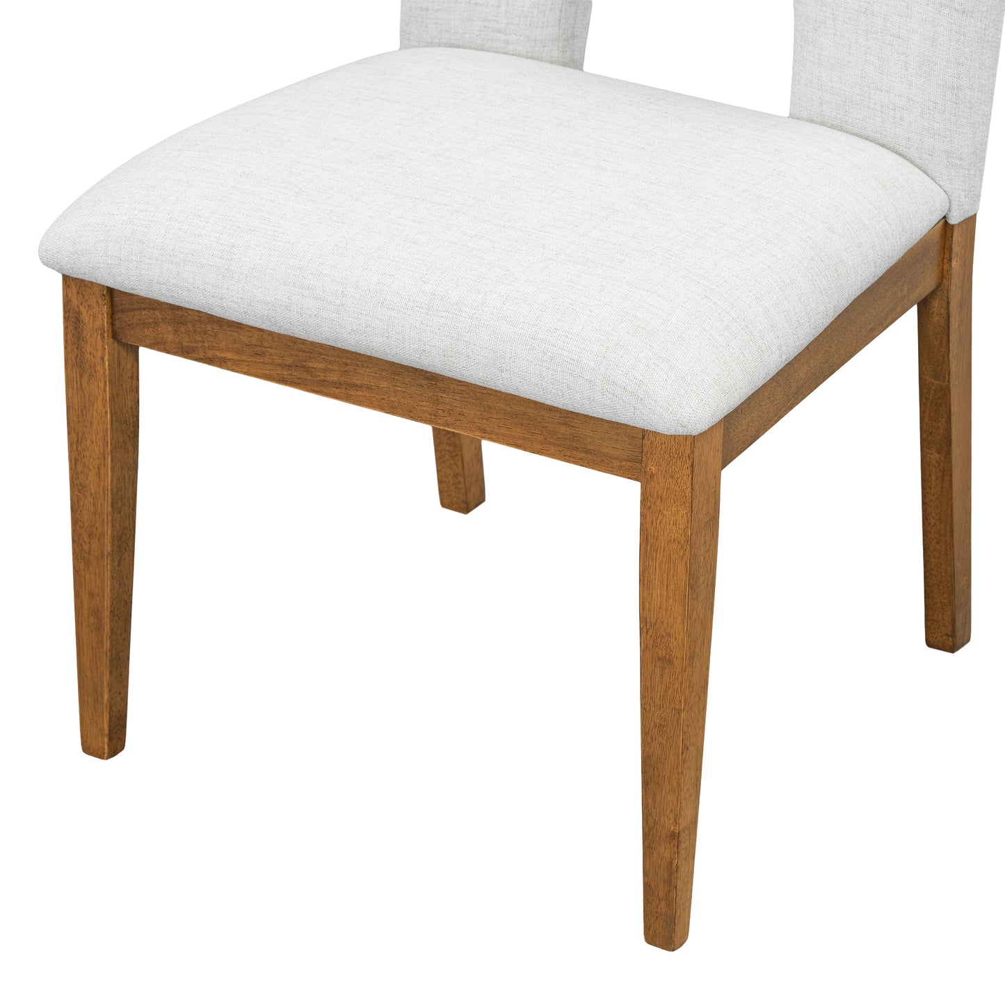Light grey upholstered dining chair with natural wood legs and frame