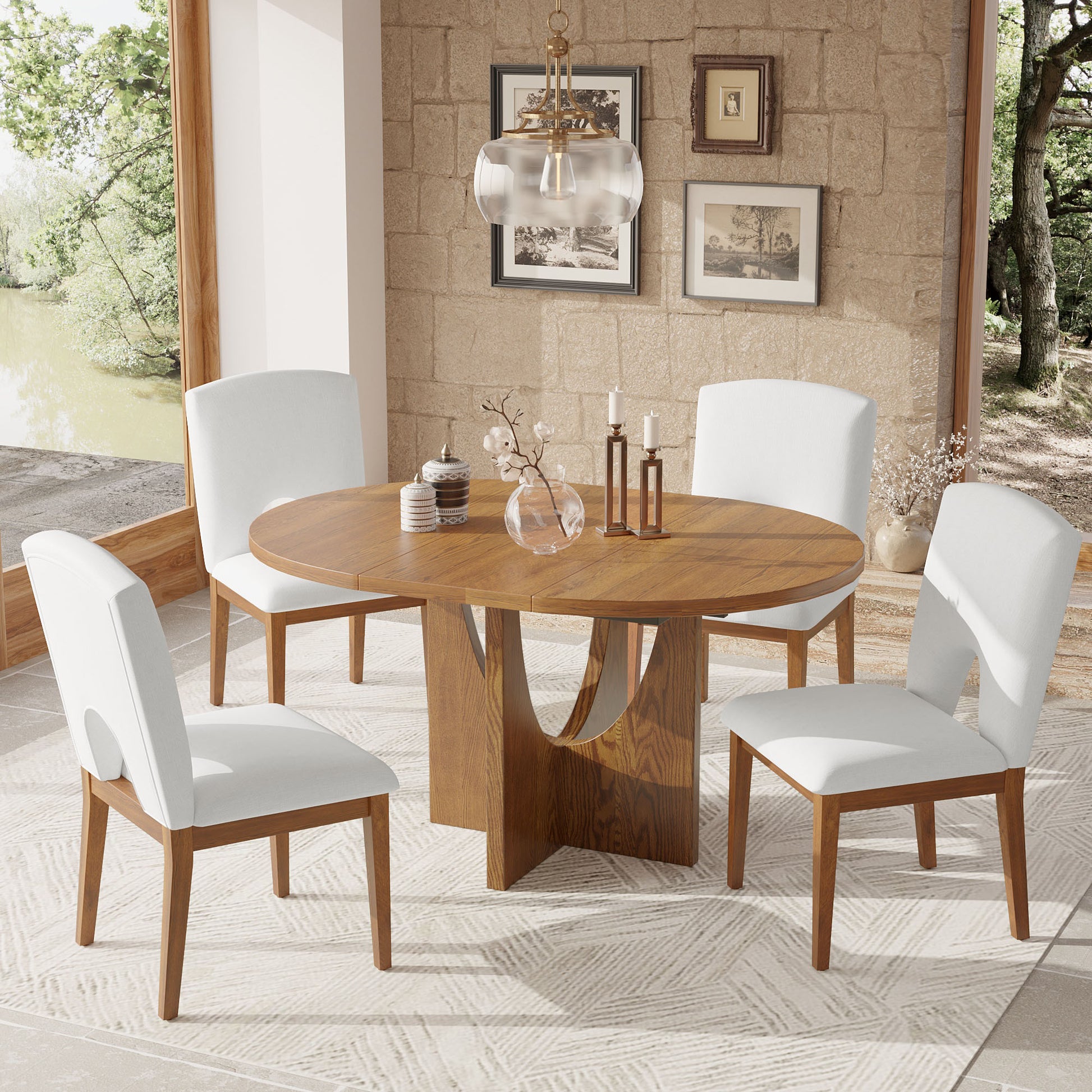 Wooden dining table with four white upholstered chairs