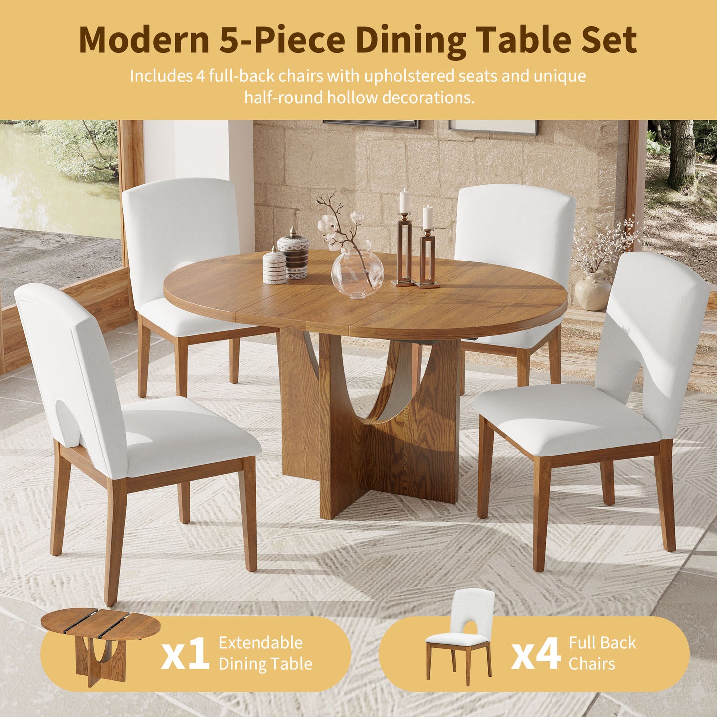 Round oak extendable dining table with four upholstered white chairs