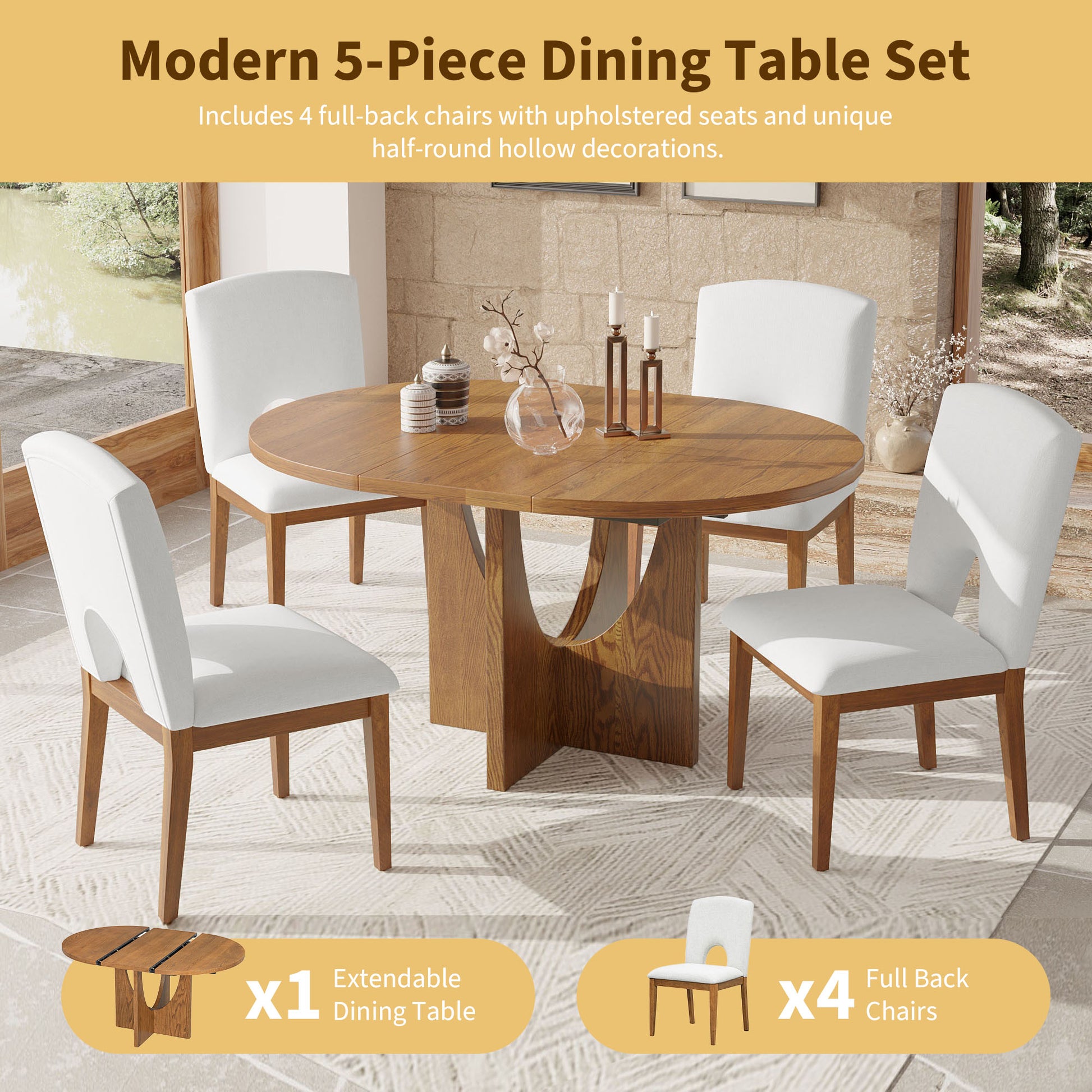 Round oak extendable dining table with four upholstered white chairs