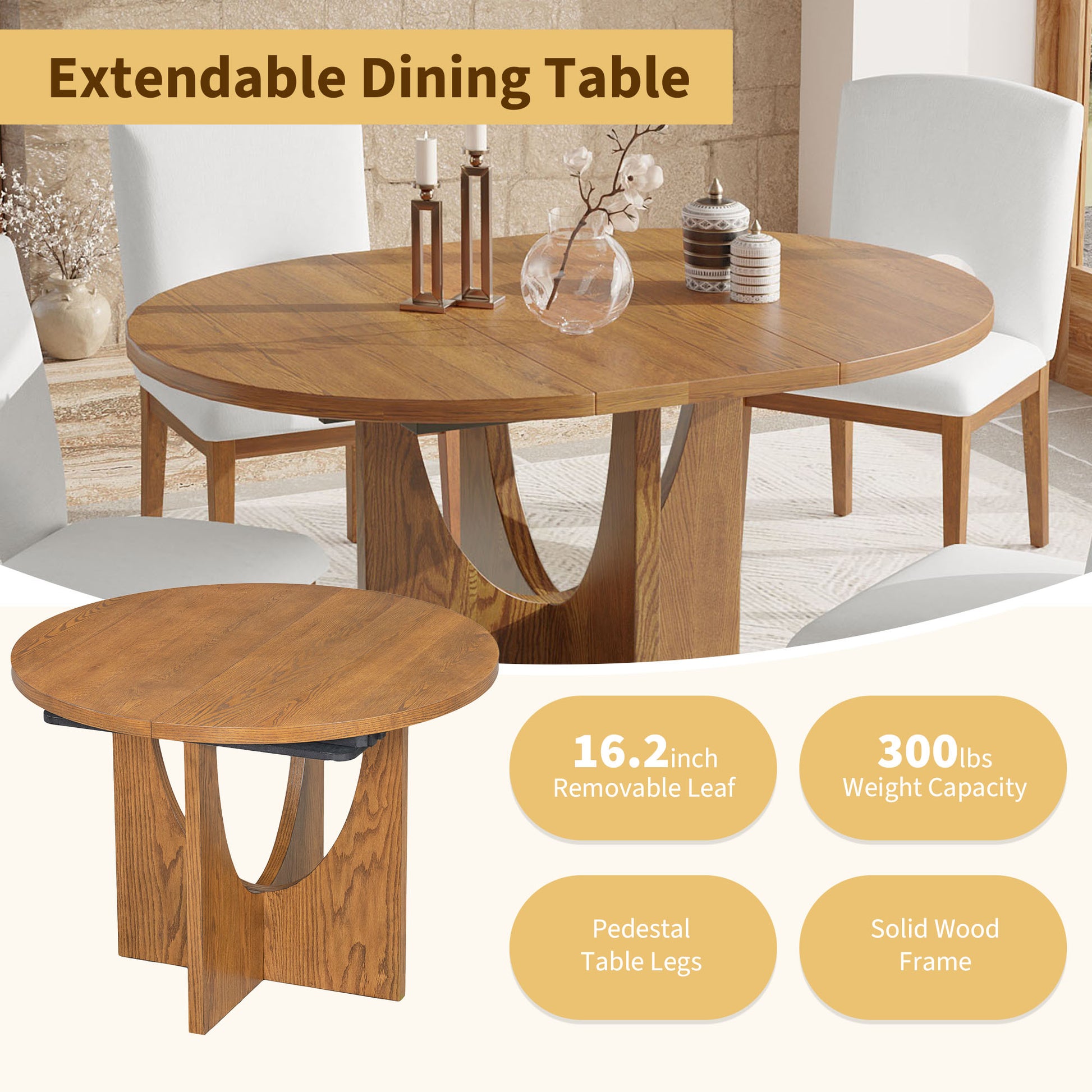 Round oak extendable dining table with carved pedestal base