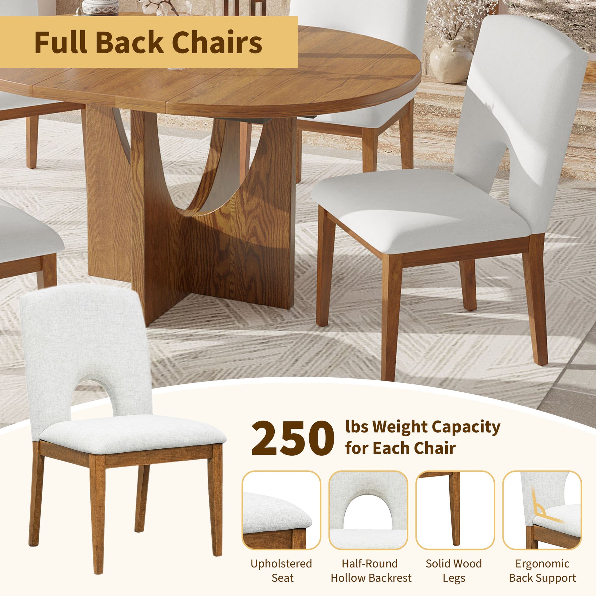 White upholstered dining chair with curved backrest and solid wood legs