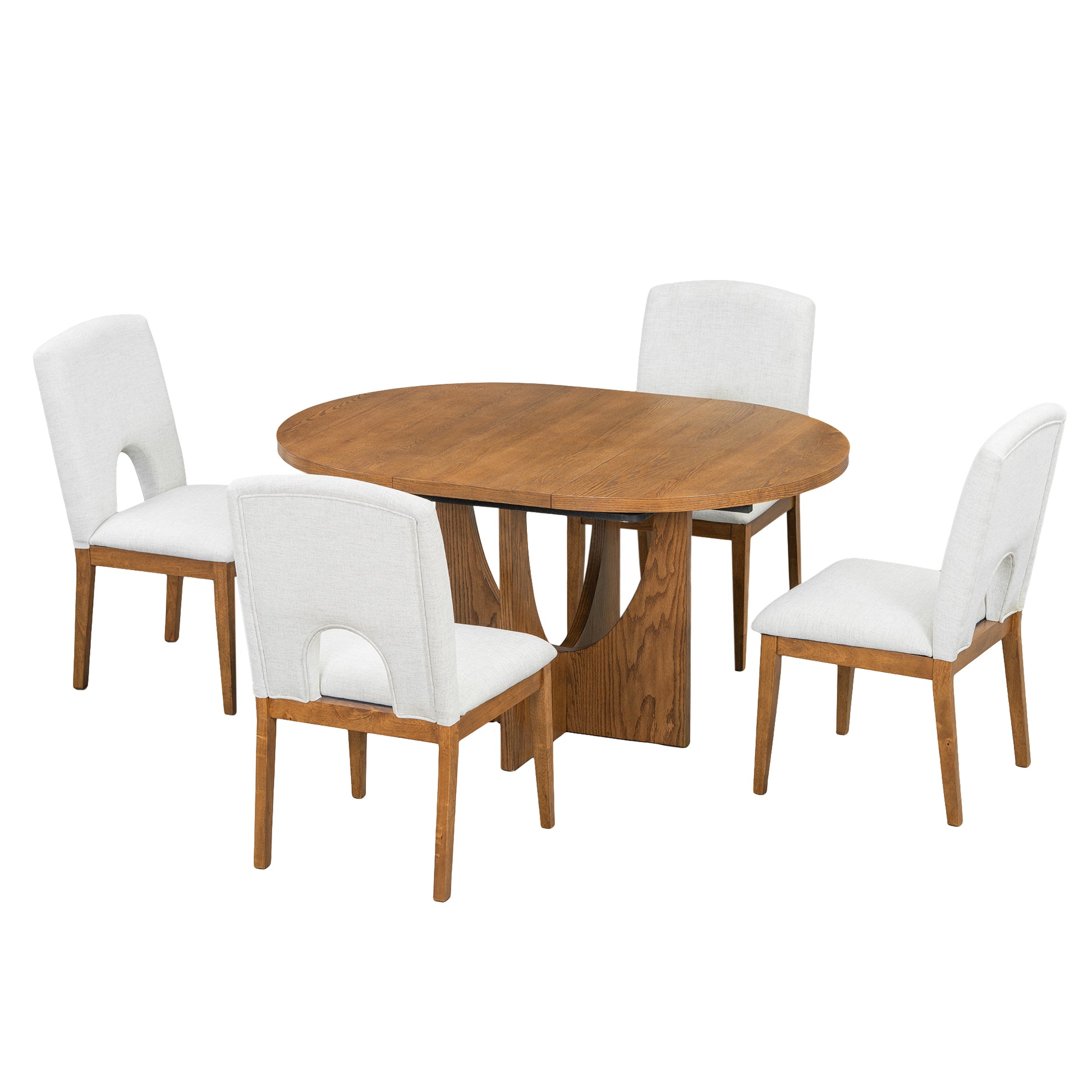 Wooden oval dining table set with four upholstered white chairs