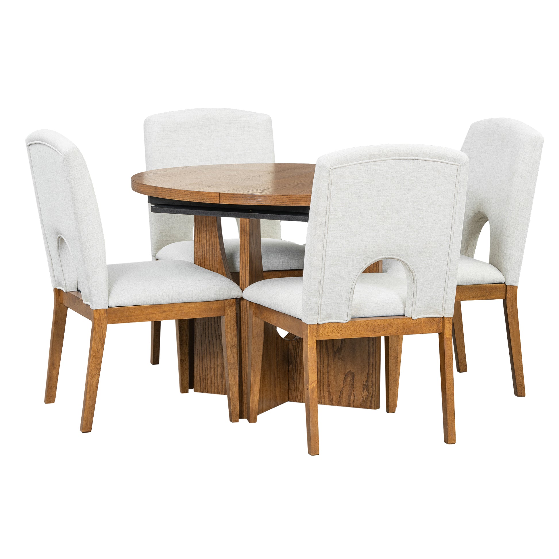 Round oak dining table with four light gray upholstered chairs