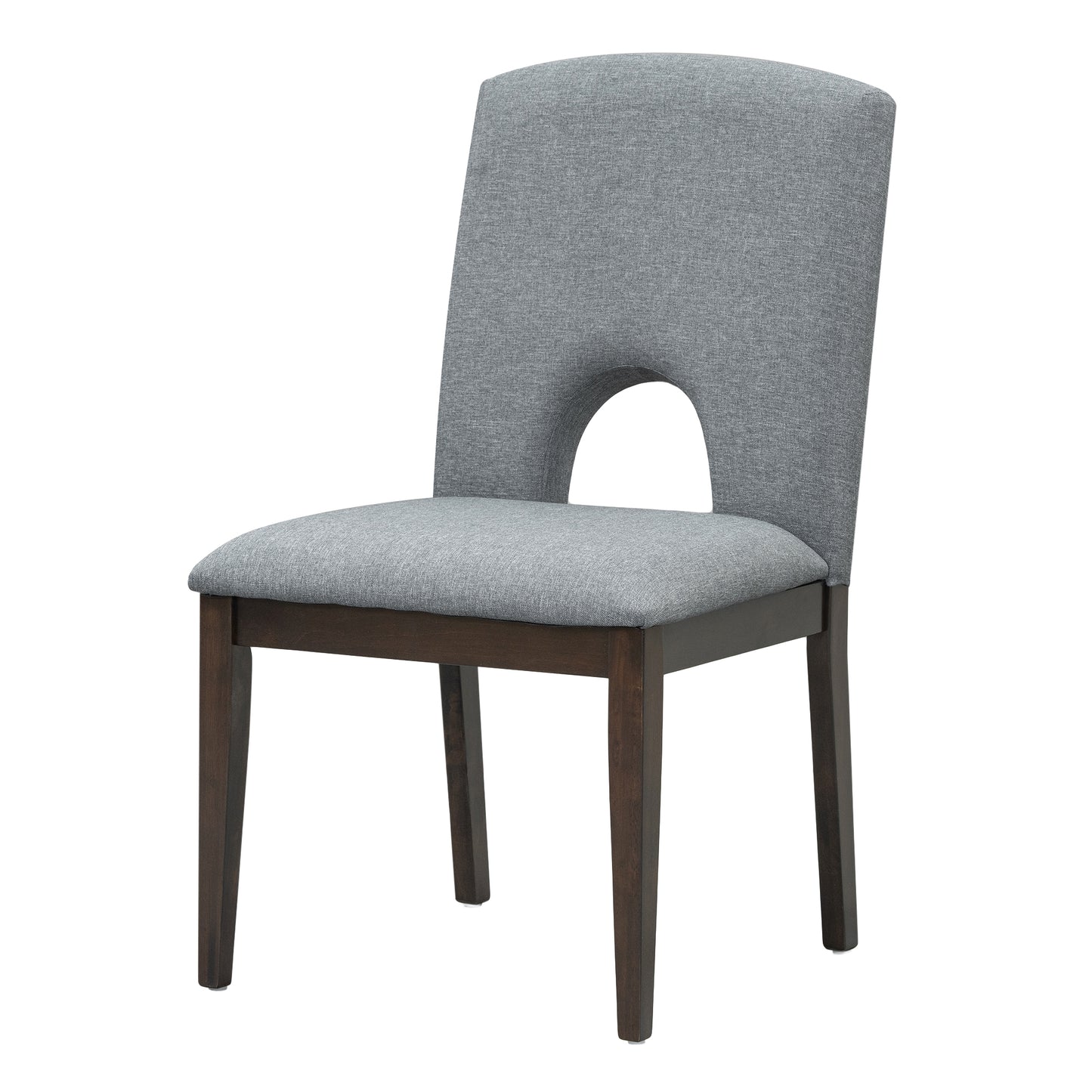 Grey upholstered dining chair with cutout back and dark wood legs