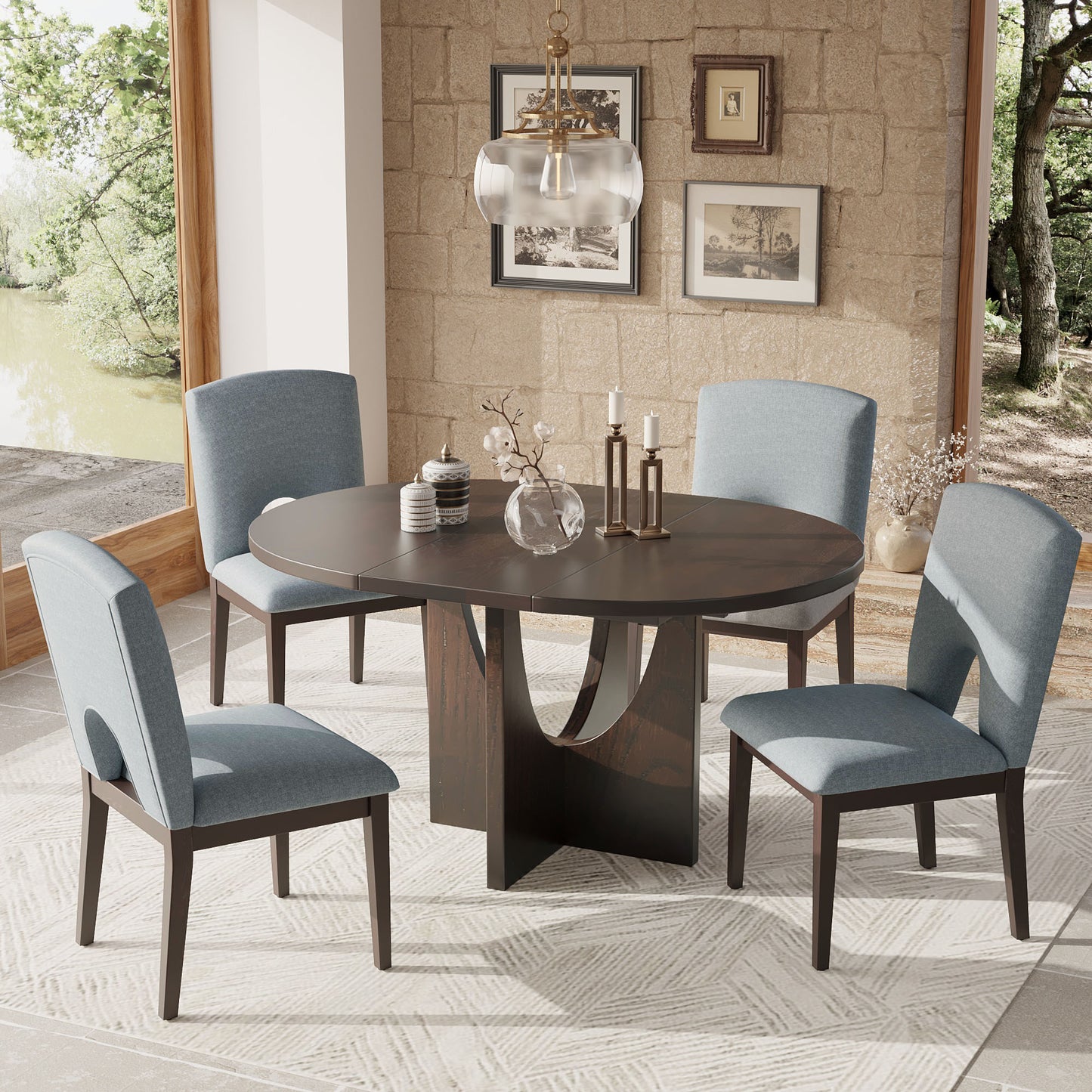 Dark oak oval dining table with modern pedestal base and four blue upholstered chairs