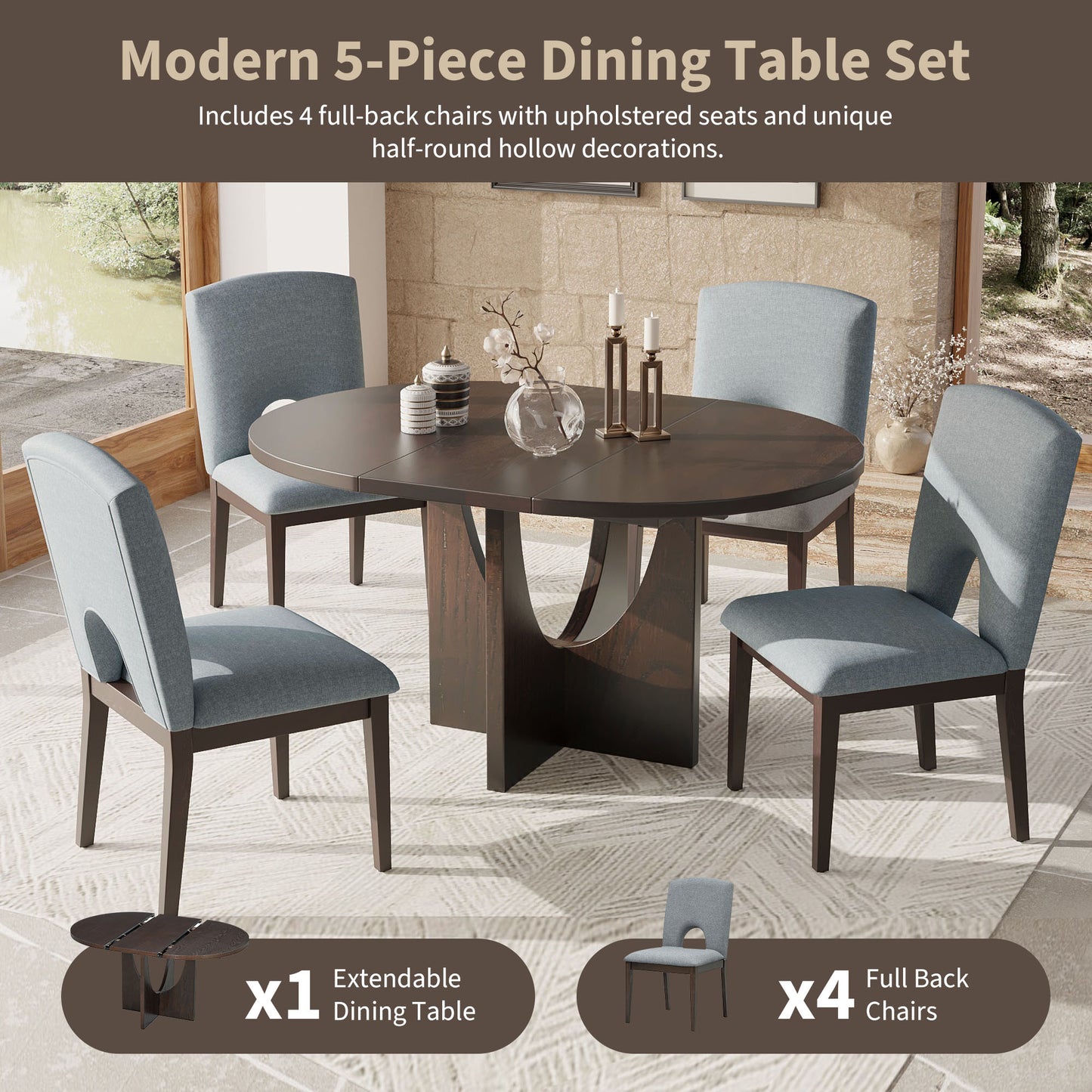 Dark wood extendable dining table with four upholstered blue chairs