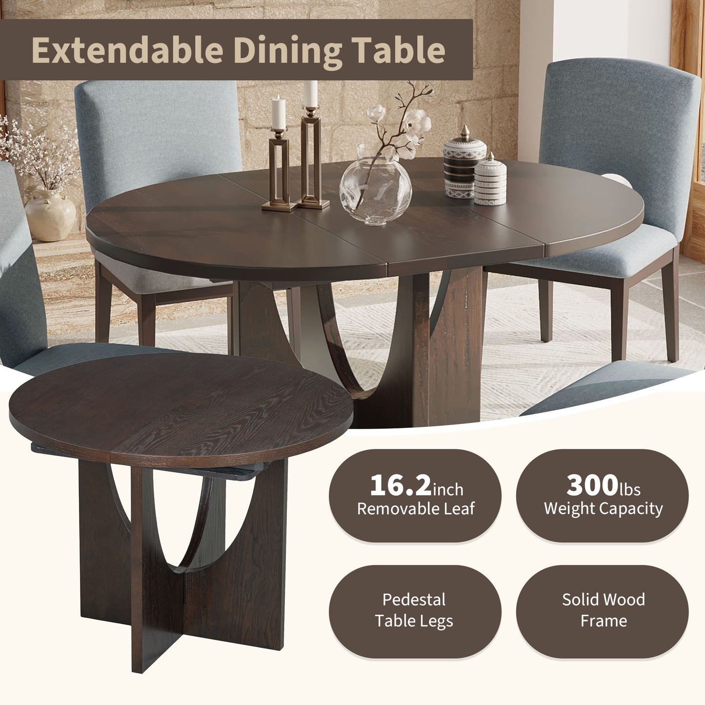 Dark brown round extendable dining table with pedestal base and chairs