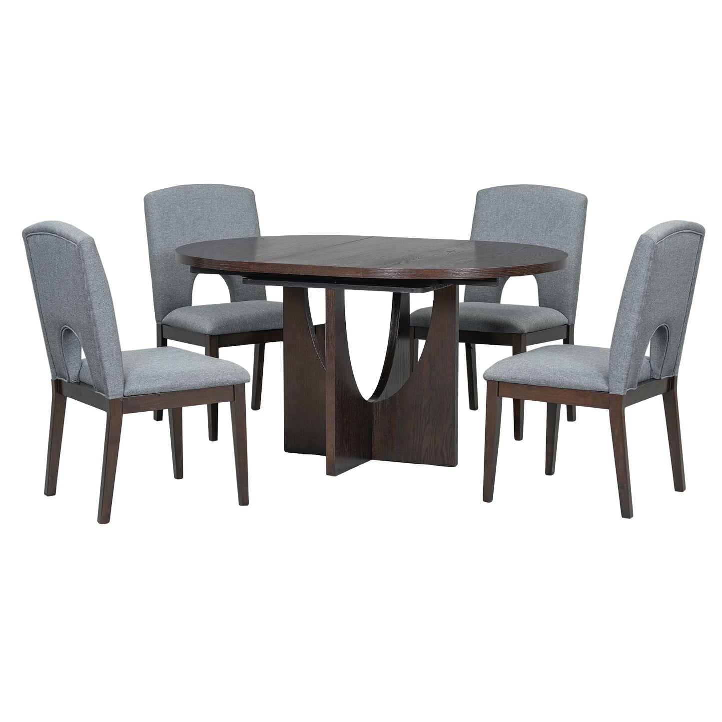 Dark oak oval dining table with four grey upholstered chairs