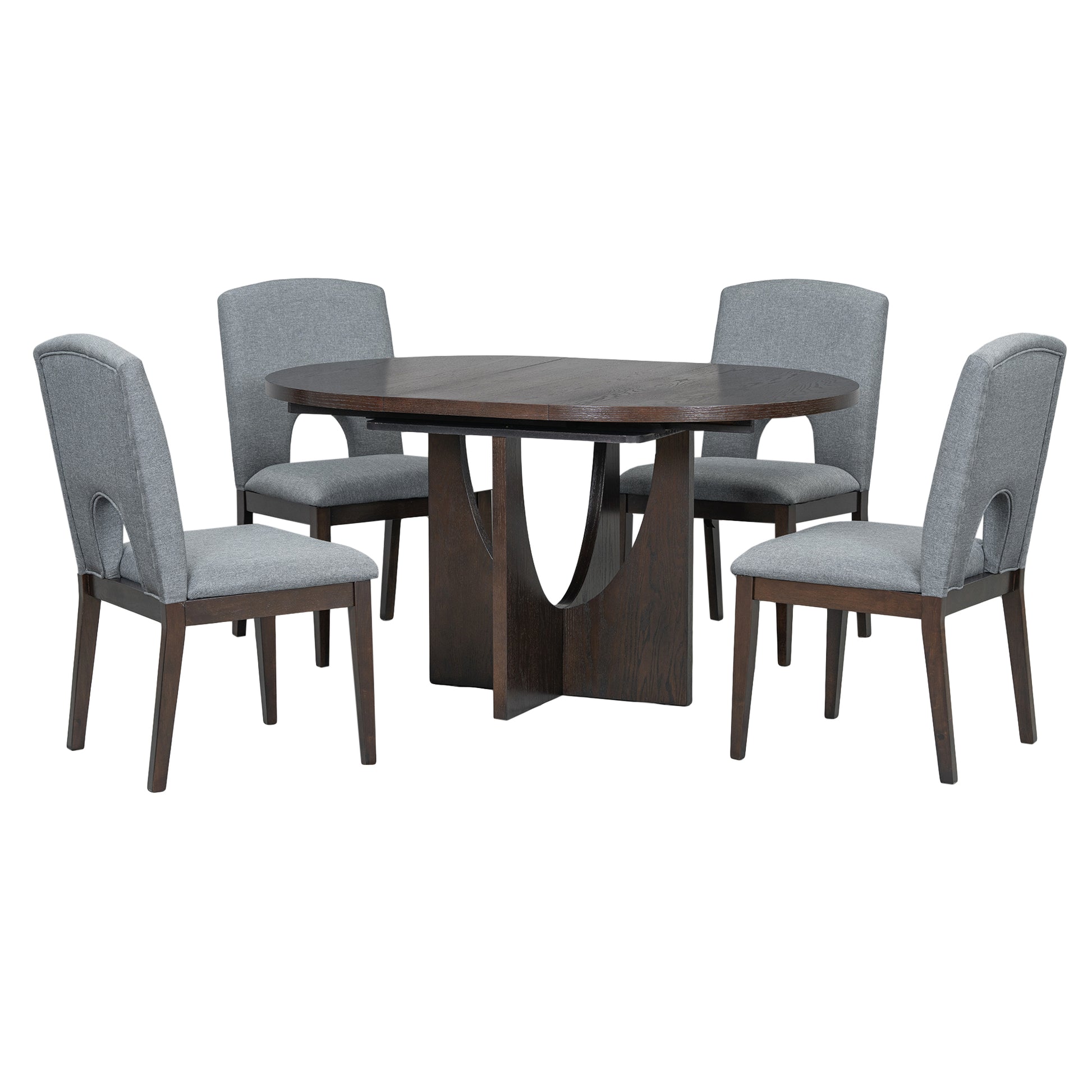 Dark oak oval dining table with four grey upholstered chairs