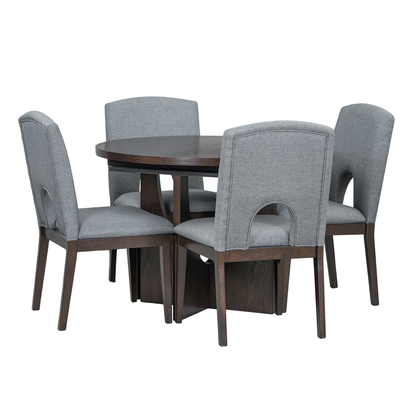 Round dark wood dining table with four grey upholstered chairs