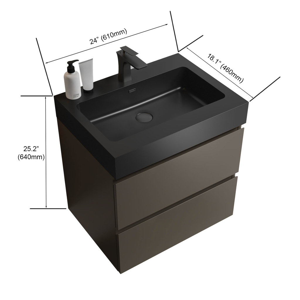 Modern black composite sink with matte brown double drawer vanity unit