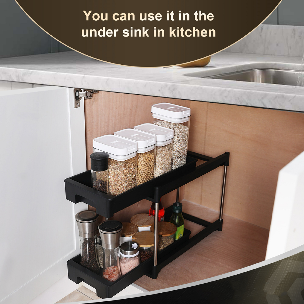 Black twotier sliding storage organizer with kitchen spices and grains