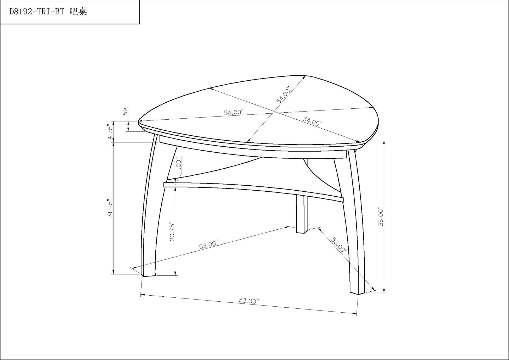 Modern triangular bar table side view showing sturdy steel legs and grey finish
